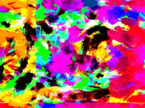psychedelic geometric pattern painting abstract background in pink red blue green yellow orange