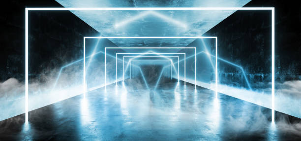 istock Smoke Background Rectangle Neon Blue Sci Fi Futuristic Fluorescent Alien Spaceship Dark Empty Grunge Concrete Corridor Tunnel Hall Room Glowing Lights Laser Show 3D Rendering 1135397250