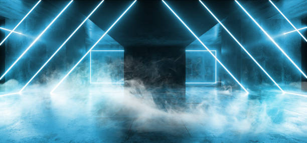 istock Smoke Background Triangle Neon Blue Sci Fi Futuristic Fluorescent Alien Spaceship Dark Empty Grunge Concrete Corridor Tunnel Hall Room Glowing Lights Laser Show 3D Rendering 1135397302