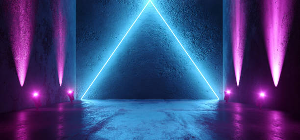 istock Background Triangle Neon Blue Purple Sci Fi Futuristic Fluorescent Alien Spaceship Dark Empty Grunge Concrete Corridor Tunnel Hall Room Glowing Lights Laser Show 3D Rendering 1135398139