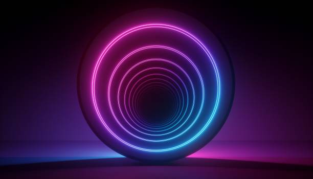 istock 3d render, neon light abstract background, round tunnel, corridor, portal, ultraviolet spectrum, virtual reality environment, laser show, fashion podium, path, way, stage, floor reflection 1135398146