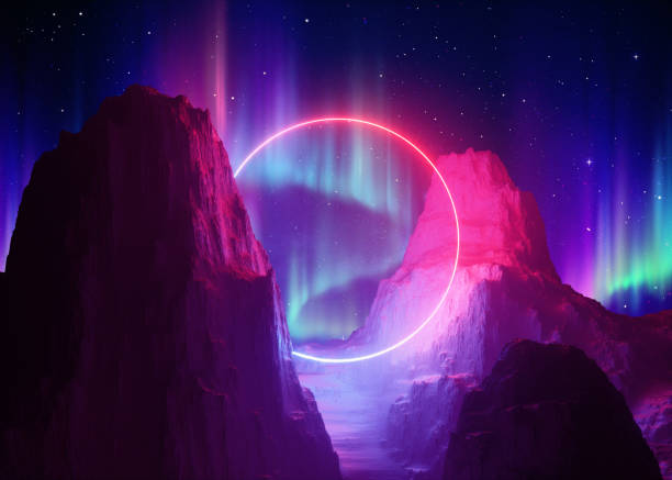 istock 3d render, abstract space background, cosmic landscape, aurora borealis, parallel universe, alien portal, pink blue neon light, virtual reality, ultraviolet spectrum, round frame, laser ring, rocks 1135398171