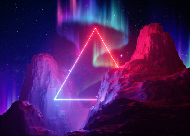 istock 3d render, abstract space background, cosmic landscape, aurora borealis, parallel universe, triangular portal, pink blue neon light, virtual reality, esoteric, ultraviolet spectrum, laser frame, rock 1135398173