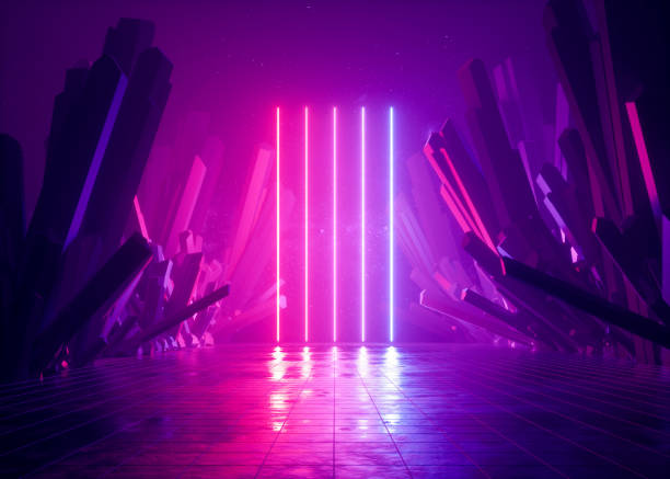 istock 3d render, abstract background, cosmic landscape, alien portal, pink blue neon light, virtual reality, energy source, glowing laser lines, dark space, ultraviolet spectrum, mountains, rocks, ground 1135398187