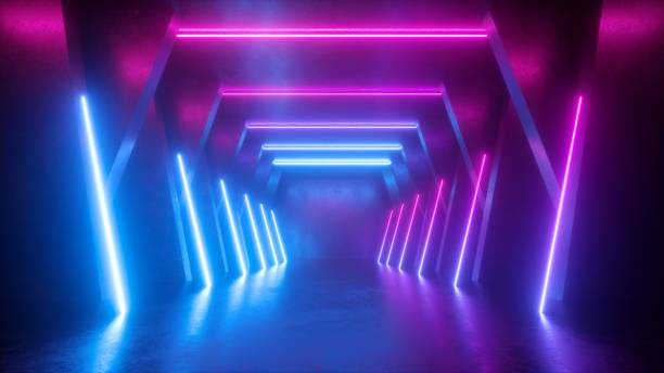 3d render, neon abstract background, empty room, tunnel, corridor, glowing lines, geometric, ultraviolet light