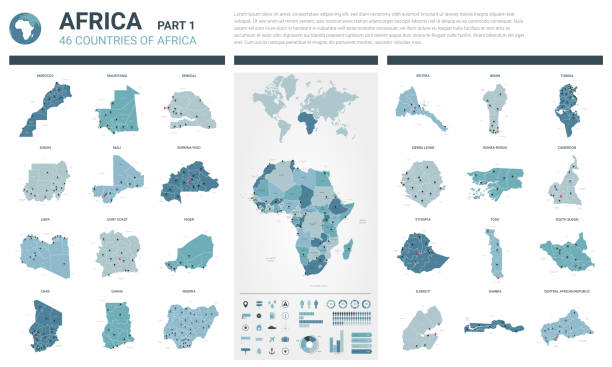 벡터 지도 설정 합니다.  행정 부서 및 도시와 아프리카 국가의 높은 상세한 46 지도. 정치 지도, 아프리카 대륙의 지도, 세계 지도, 지구본, 인포 그래픽 요소.  1 부. - 리비아 일러스트 stock illustrations