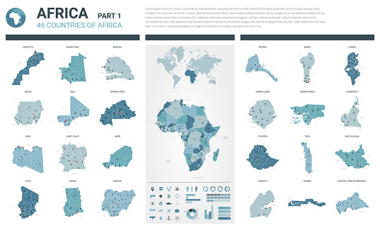 Vector maps set.  High detailed 46 maps of African countries with administrative division and cities. Political map, map of Africa continent, world map, globe, infographic elements.  Part 1.