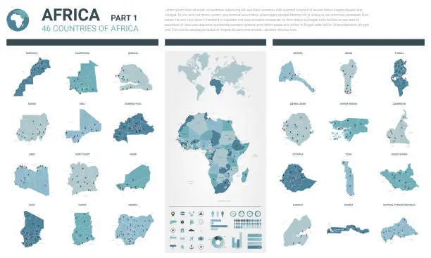 Vector illustration of Vector maps set.  High detailed 46 maps of African countries with administrative division and cities. Political map, map of Africa continent, world map, globe, infographic elements.  Part 1.