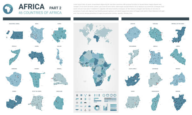 vector maps gesetzt.  hohe detaillierte 46 karten afrikanischer länder mit verwaltungsabteilung und städten. politische landkarte, landkarte des afrika-kontinents, weltkarte, globus, infographische elemente.  teil 2. - lesotho stock-grafiken, -clipart, -cartoons und -symbole