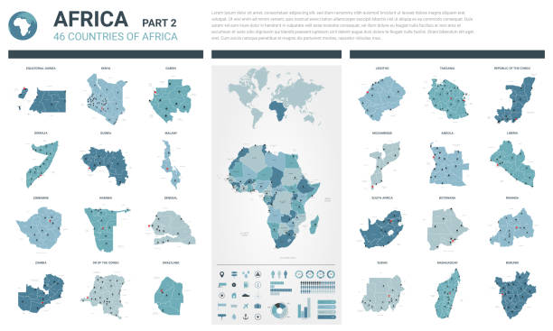 Vector maps set.  High detailed 46 maps of African countries with administrative division and cities. Political map, map of Africa continent, world map, globe, infographic elements.  Part 2. Vector maps set.  High detailed 46 maps of African countries with administrative division and cities. Political map, map of Africa continent, world map, globe, infographic elements.  Part 2. southern africa stock illustrations