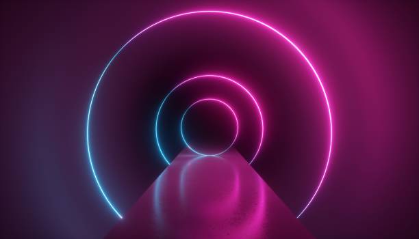 istock 3d render, virtual reality environment, neon light, round portal, rings, circles, tunnel, ultraviolet spectrum, abstract background, laser show, fashion catwalk podium, way, stage, floor reflection 1135398263