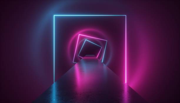 istock 3d render, virtual reality environment, neon light, square portal, tunnel, ultraviolet spectrum, abstract background, laser show, fashion catwalk podium, path, way, stage, floor reflection 1135398269