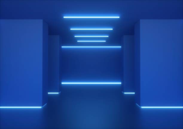 istock 3d render, empty room, tunnel walls, blue neon light, abstract ultraviolet background, glowing lines, fashion stage, vibrant colors, corridor, night club interior 1135398321