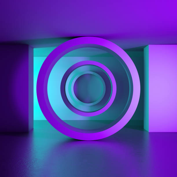istock 3d render, abstract background, round shape, violet mint walls, ultraviolet light, tunnel with no exit, minimalistic space, virtual reality interior, empty room, illuminated corridor 1135398359