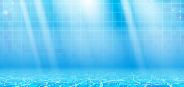 Blue summer water waves with reflections in swimming pool. Realistic poolside vector background with sunny underwater pattern, texture or template