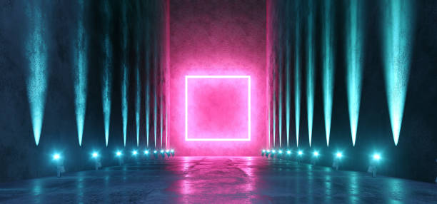 istock Background Rectangle Frame Neon Blue Purple Ultraviolet Sci Fi Futuristic Fluorescent Alien Spaceship Dark Empty Grunge Concrete Corridor Tunnel Hall Room Glowing Lights Laser Show 3D Rendering 1135398694