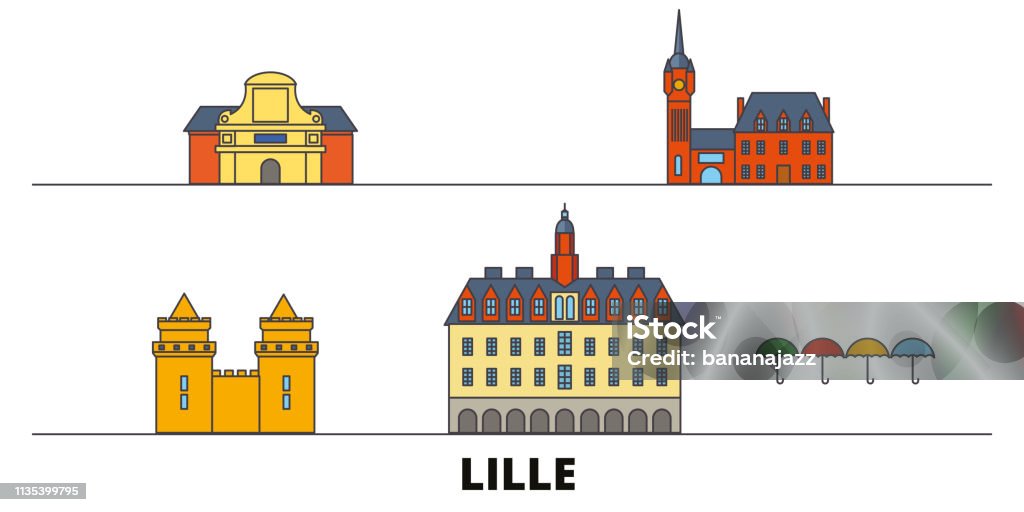 France, Lille repères plats vecteur illustration. France, Lille ligne ville avec des sites touristiques célèbres, Skyline, Design. - clipart vectoriel de Lille libre de droits