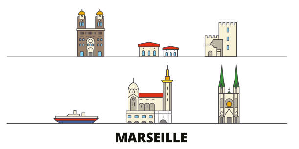 illustrations, cliparts, dessins animés et icônes de france, marseille des repères plats vecteur illustration. france, marseille ligne ville avec des sites touristiques célèbres, skyline, design. - marseille