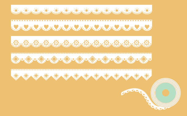 ilustraciones, imágenes clip art, dibujos animados e iconos de stock de conjunto de bordes decorativos de encaje. ilustración vectorial en estilo vintage - scalloped