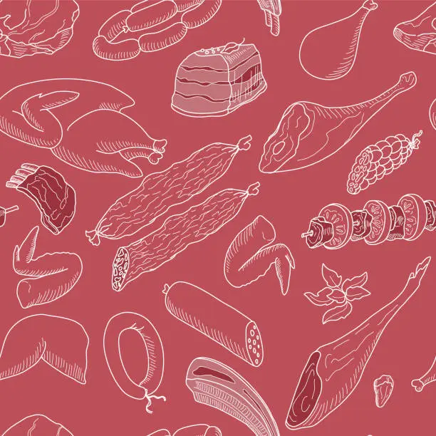 Vector illustration of Seamless pattern. A set of meat and meat products of different breeds of livestock and birds. Doodle. Vector