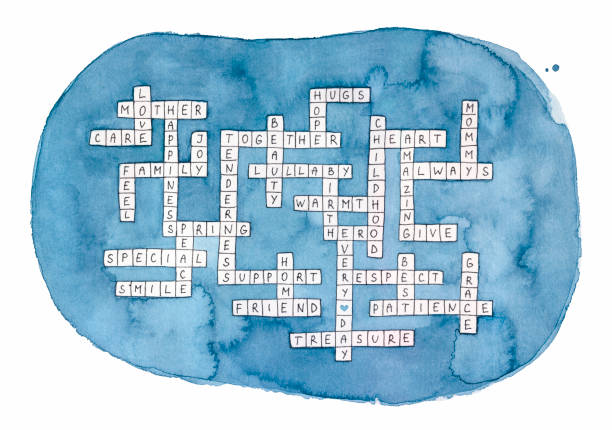 Mother's Day Crossword Puzzle watercolour. Various words in English language related to mommy (childhood, lullaby, special, home, friend, always, hugs, together, hero). Handdrawn water color sketch. Hand drawn watercolor illustration. crossword puzzle drawing stock illustrations