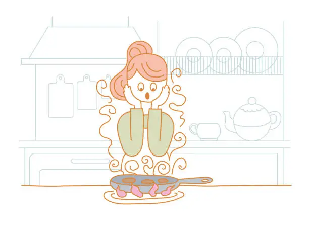 Vector illustration of Housewife frying cutlets in a pan. Burned. In the background, kitchen furniture and items. Vector