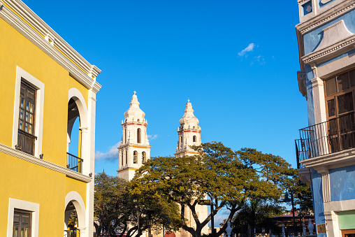 Cathedral of Campeche, Mexico with beautiful colonial architecture on either side