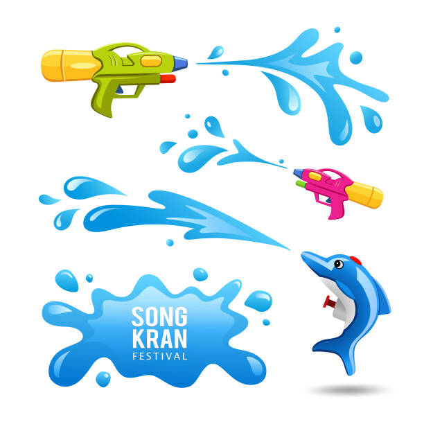 ilustrações de stock, clip art, desenhos animados e ícones de happy songrkran festival colorful gun and splash water collections - gun