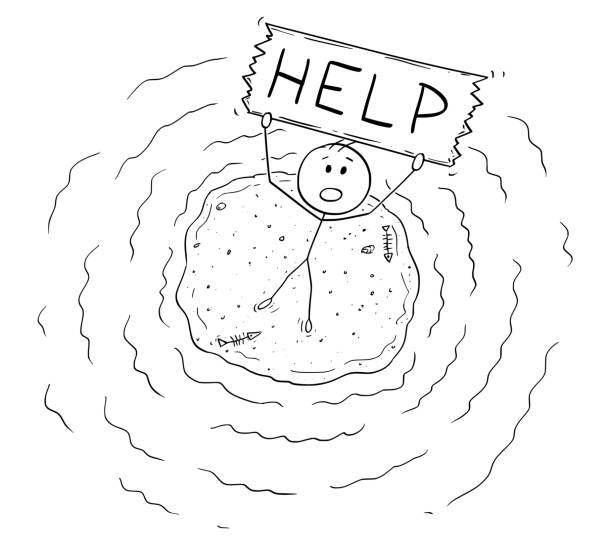 Cartoon of Aerial View of Castaway Man on Small Island Holding Help Sign Cartoon stick figure drawing conceptual illustration of aerial view of castaway man surviving alone on small island and holding help sign. stranded stock illustrations