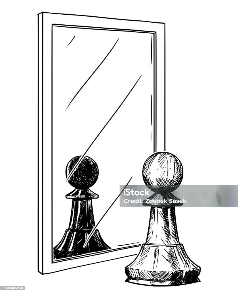 Cartoon Drawing Of White Chess Pawn Reflecting In Mirror As Black ...