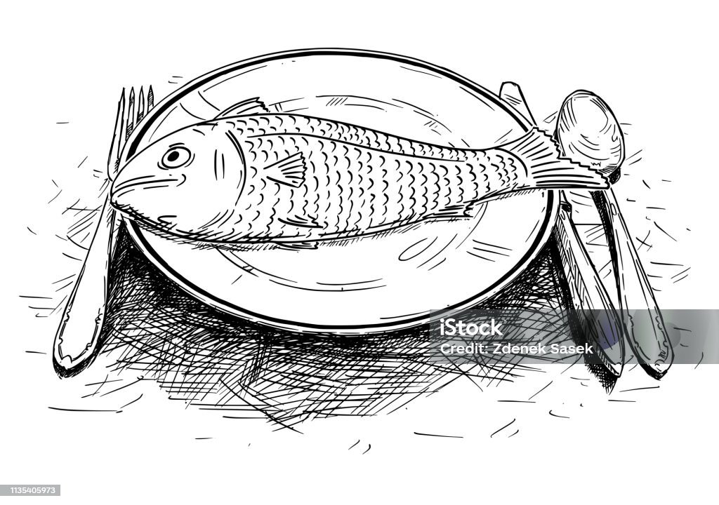 Goede Vrijdag Vis Eten Cartoon Tekening Van Vis Eten Op Het Diner Plate Stockvectorkunst en