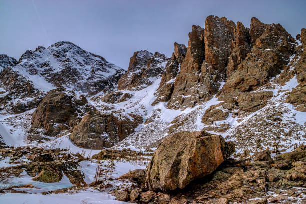 Beautiful Winter Morning Hike to Sky Pond in Rocky Mountain National Park in Estes Park, Colorado This is a collection of photos from my early morning hike to Sky Pond and the cathedral spires in Rocky Mountain National Park in Estes Park, Colorado. colorado rocky mountain national park lake mountain stock pictures, royalty-free photos & images