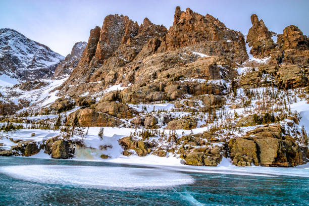 Beautiful Winter Morning Hike to Sky Pond in Rocky Mountain National Park in Estes Park, Colorado stock photo