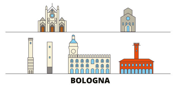이탈리아, 볼로냐 평면 랜드마크 벡터 일러스트입니다. 이탈리아, 볼로냐 유명한 여행 명소, 스카이라인, 디자인을 가진 라인 도시. - bologna stock illustrations