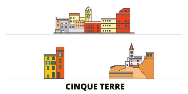 Italy, Cinque Terre flat landmarks vector illustration. Italy, Cinque Terre line city with famous travel sights, skyline, design. Italy, Cinque Terre flat landmarks vector illustration. Italy, Cinque Terre line city with famous travel sights, design skyline. spezia stock illustrations