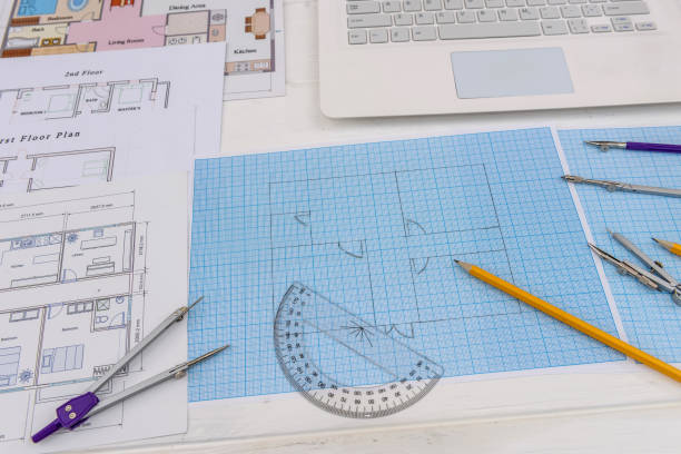 paper for drafting and tools with laptop on desk - drafting ruler architecture blueprint imagens e fotografias de stock