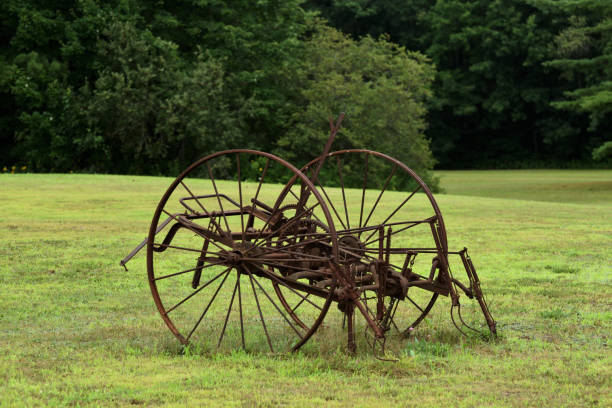 istock Antique Farm Equipment in a Green Field 1135411941