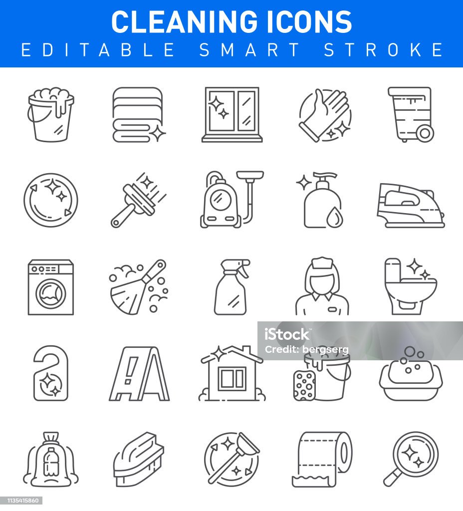 Cleaning Icons. Editable stroke Collection Cleaning Vector Icon set with housework, cleaning, Iron, Washing machine symbols Icon Symbol stock vector