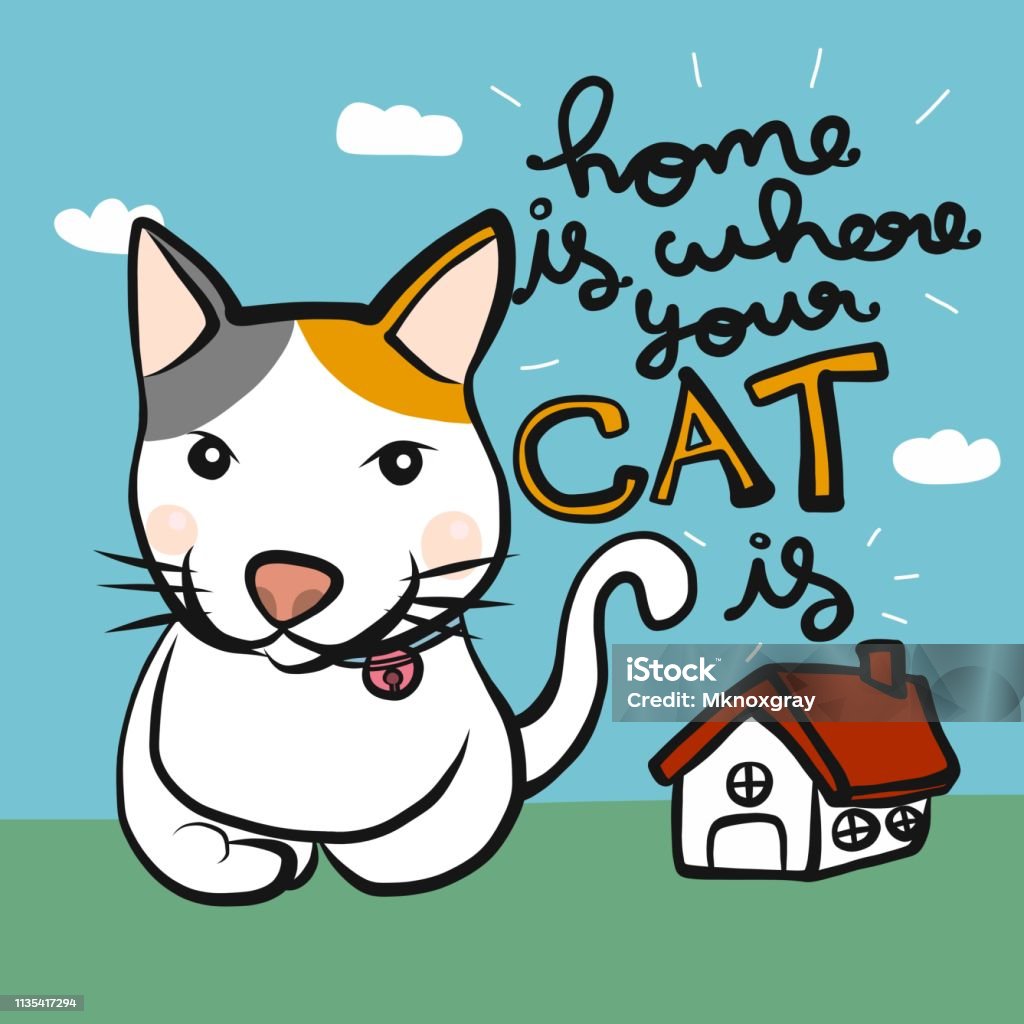 Rumah Adalah Tempat Kucing Anda Adalah Ilustrasi Vektor Doodle Kartun