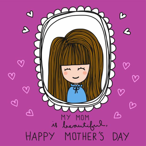 私のお母さんは美しいです, 幸せな母の日女性漫画落書き紫色のフレームベクトルイラスト - mothers day flower single flower purple点のイラスト素材／クリップアート素材／マンガ素材／アイコン素材