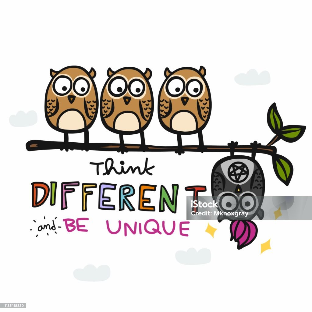 Punk owl think different and be unique cartoon doodle vector illustration Individuality stock vector