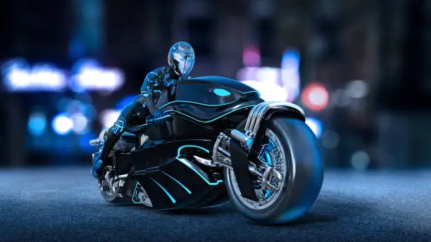 Biker girl with helmet riding a sci-fi bike, woman on black futuristic motorcycle in night city street, 3D rendering