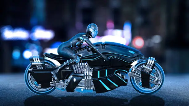 Biker girl with helmet riding a sci-fi bike, woman on black futuristic motorcycle in night city street, side view, 3D rendering