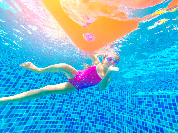 istock Little girl swimming underwater 1135419907