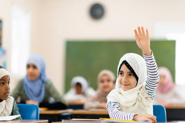istock Muslim girl raising her hand 1135420277