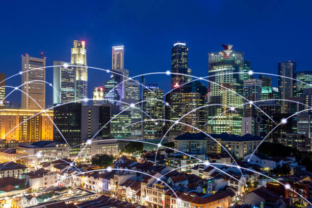 istock Hong Kong city skyline networking connection concept, modern filter effect 1135422106