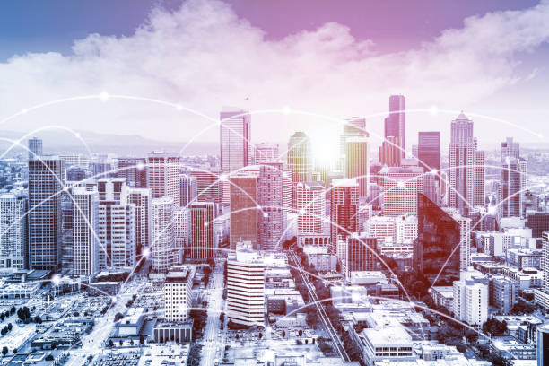 istock Modern urban skyline with high-speed data and internet communication network 1135422110