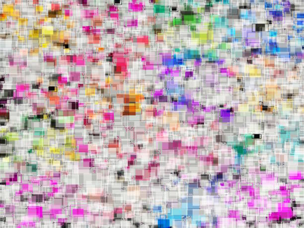 psychedelic geometric square pixel pattern abstract background in pink purple blue yellow