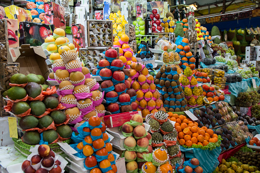 Sao Paulo, Brazil - Circa March 2019: Fresh and exotic fruits stand at Municipal Market (Mercado Municipal) in downtown Sao Paulo, Brazil