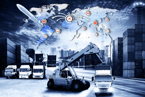 istock World map with logistic network distribution on background. Logistic and transport concept in front  Industrial Container Cargo freight ship for Concept of fast or instant shipping, Online goods orders worldwide 1135428079